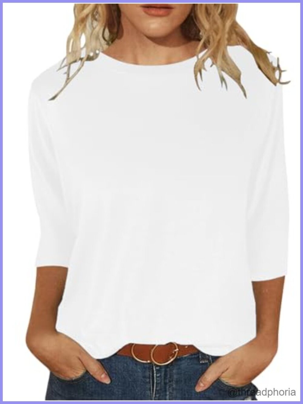 Womens 3/4 Sleeve Round Neck Loose Casual Blouse